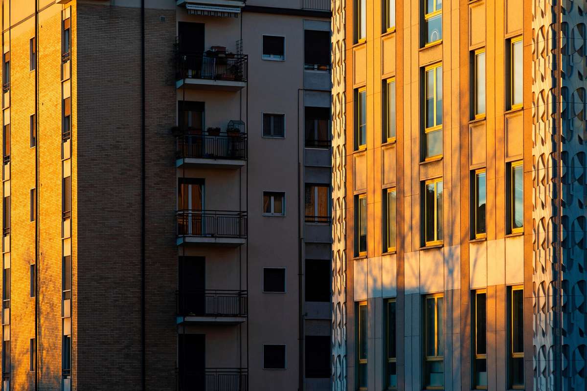 Building facades in warm evening light